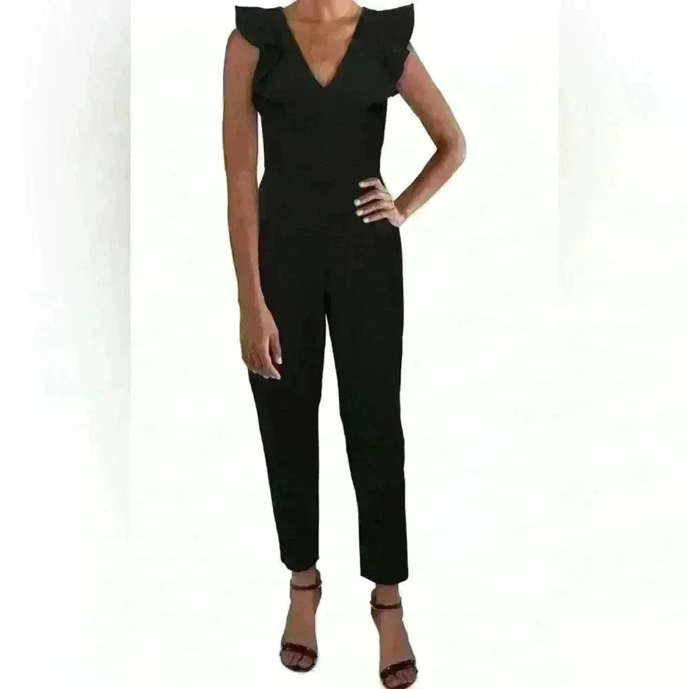 French Connection V Neck Black Ruffle Sleeve Crop Jumpsuit Women's 0 NWT